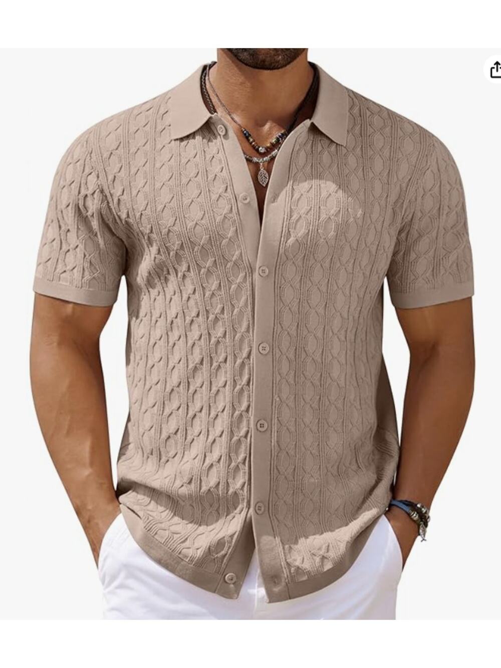 Men's Knit Short Sleeve Shirt Button Down Crochet Cable 3XL